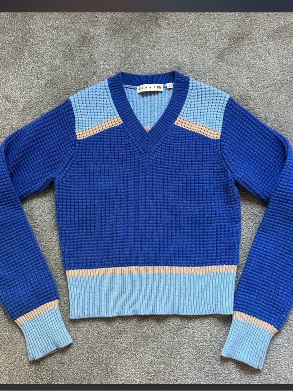 Marni Blue V-Neck Knit Sweater with Light Blue and Beige Trim